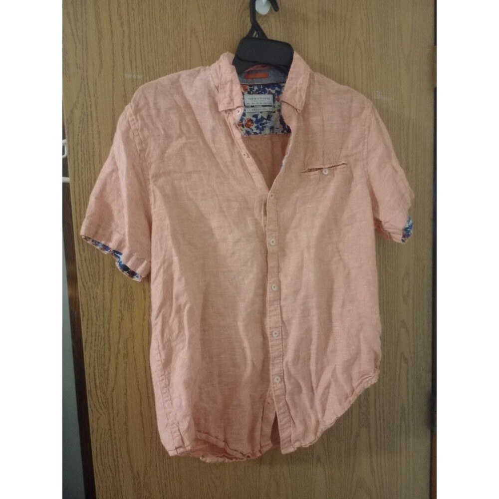 Denim & Flower Ricky Singh Button Up Top Womens Peach L Short Sleeve Linen Woven